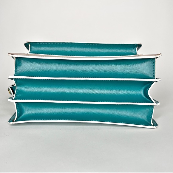 Marni Large Accordion Shoulder Bag Cream Teal Trunk Purse Leather Flap Front - Picture 6 of 13